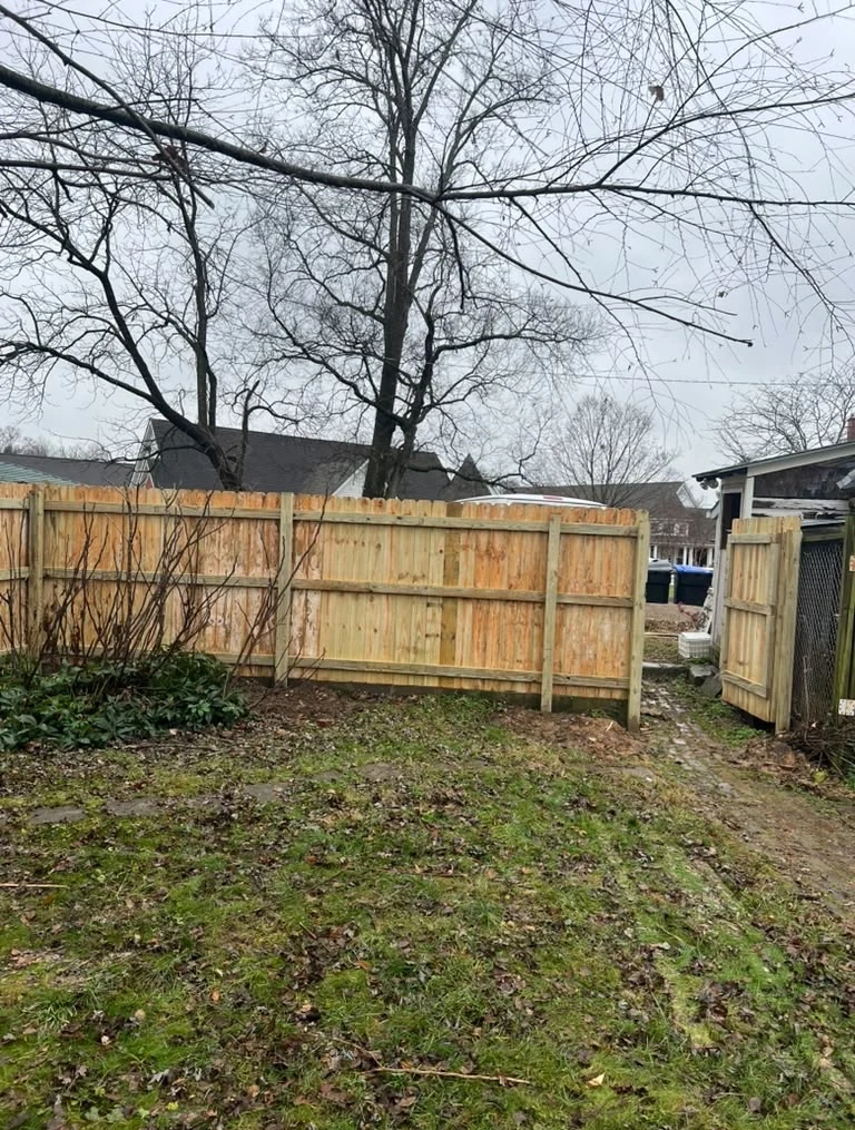 Wood fence along the edge of a yard